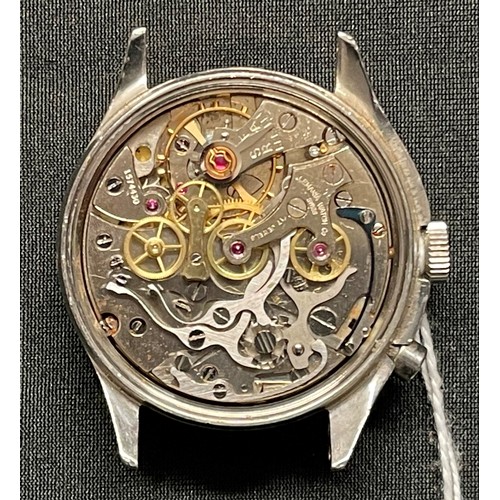 162 - Post war British Army Lemania single button Chronometer watch head, black dial, twin subsidiary regi... 