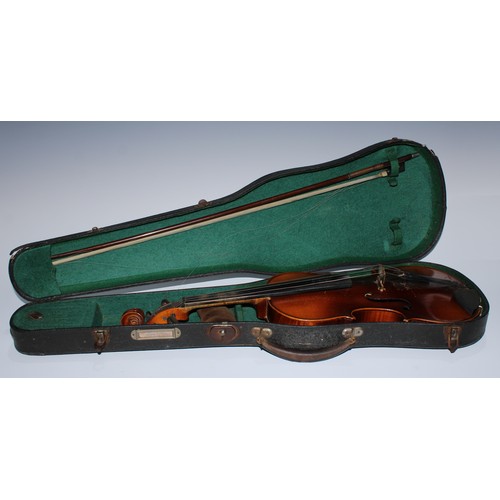 5681 - A violin, 35.9cm two-piece back excluding button, outlined throughout with tramline purfling, 60.4cm... 