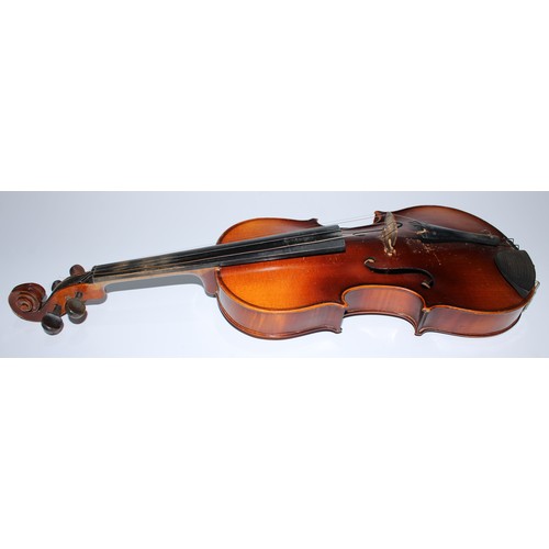 5681 - A violin, 35.9cm two-piece back excluding button, outlined throughout with tramline purfling, 60.4cm... 