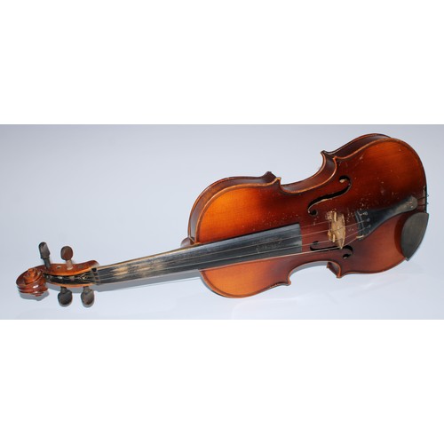 5681 - A violin, 35.9cm two-piece back excluding button, outlined throughout with tramline purfling, 60.4cm... 