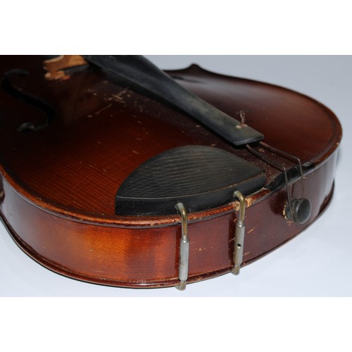 5681 - A violin, 35.9cm two-piece back excluding button, outlined throughout with tramline purfling, 60.4cm... 