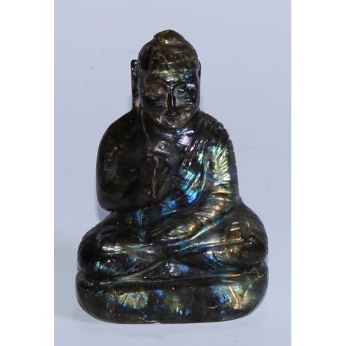 5113 - A Chinese labradorite carving, of Buddha, seated in meditation, 9.5cm high; A Canadian labradorite c... 