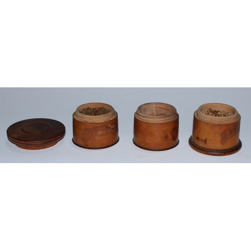 5154 - A George III toleware domed circular spice box, the hinged cover restrained by a clasp and revealing... 