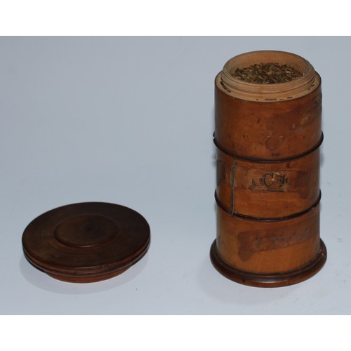 5154 - A George III toleware domed circular spice box, the hinged cover restrained by a clasp and revealing... 