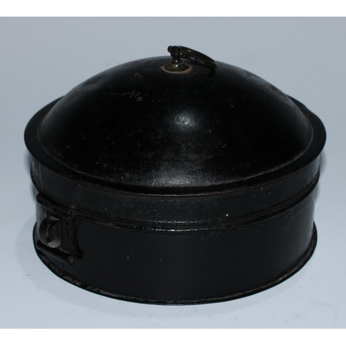 5154 - A George III toleware domed circular spice box, the hinged cover restrained by a clasp and revealing... 