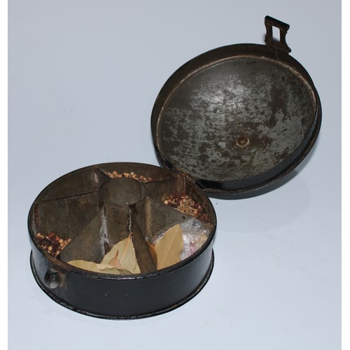 5154 - A George III toleware domed circular spice box, the hinged cover restrained by a clasp and revealing... 