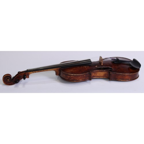 5663 - A 19th century violin, 35.6cm two-piece back excluding button, outlined with tramline purfling, carv... 