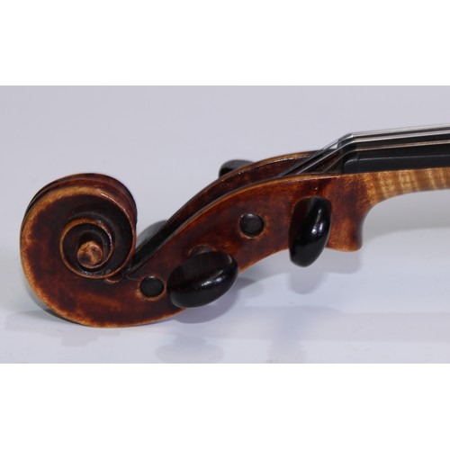 5663 - A 19th century violin, 35.6cm two-piece back excluding button, outlined with tramline purfling, carv... 