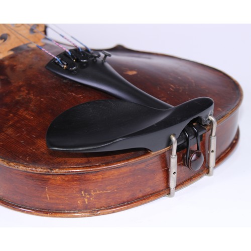 5663 - A 19th century violin, 35.6cm two-piece back excluding button, outlined with tramline purfling, carv... 