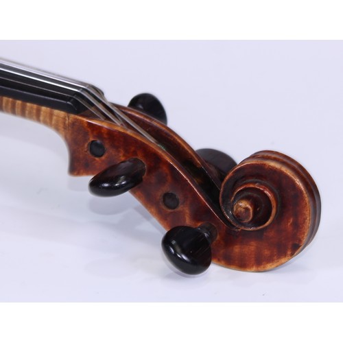 5663 - A 19th century violin, 35.6cm two-piece back excluding button, outlined with tramline purfling, carv... 