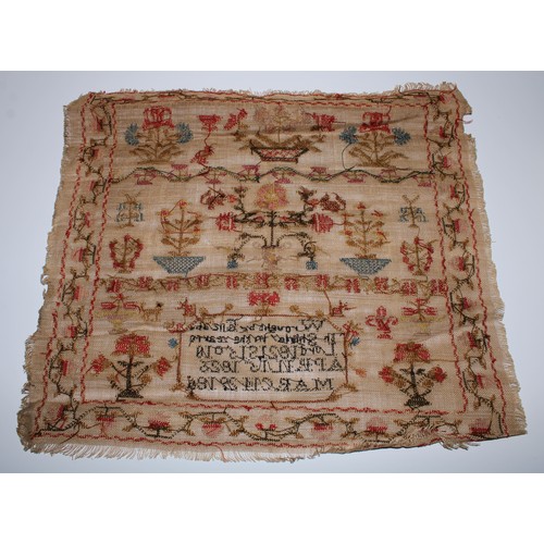 5155 - A George IV needlework square sampler, Wrought by Elizabeth Shirley, 1826, embroidered in colourful ... 