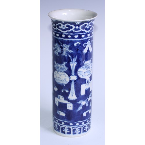 5118 - A Chinese porcelain cylinder sleeve vase, painted with precious objects in underglaze blue, cloud sc... 