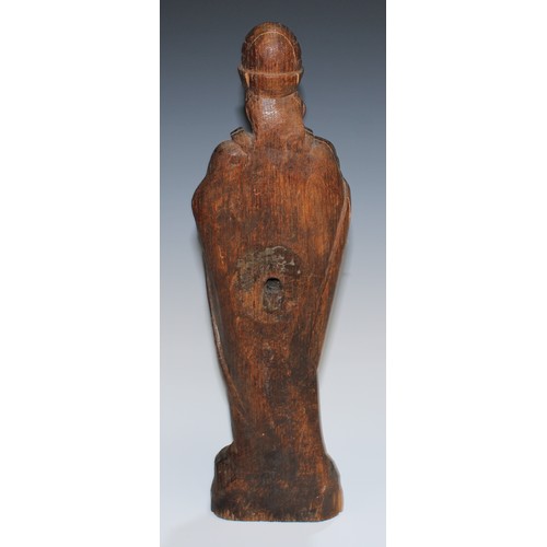 5220 - A North European oak carving, of a pope of the early Church, he stands, wearing a papal tiara, 44cm ... 