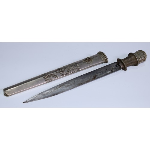 5659 - A Tibetan dagger, 26cm pointed single-edged blade, silvered hilt and scabbard, 35cm long overall