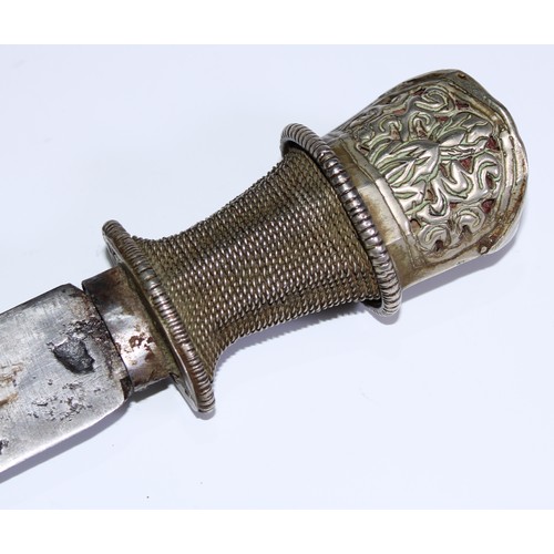 5659 - A Tibetan dagger, 26cm pointed single-edged blade, silvered hilt and scabbard, 35cm long overall