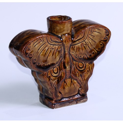 5114 - A Chinese monochrome tea caddy, as a butterfly, moulded and glazed in tones of mottled brown, 13.5cm... 