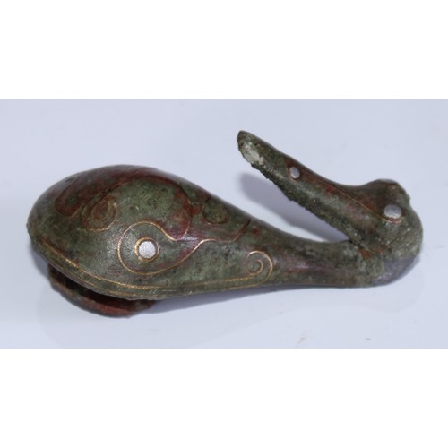 5099 - A Chinese bronze lock, cast as a turtle, 8cm long; a  zoomorphic belt hook, inlaid with roundels and... 