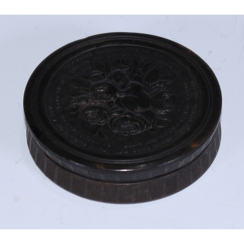 5062 - A 19th century pressed horn circular snuff box, by Wilson of Sheffield, the push-fitting cover in re... 