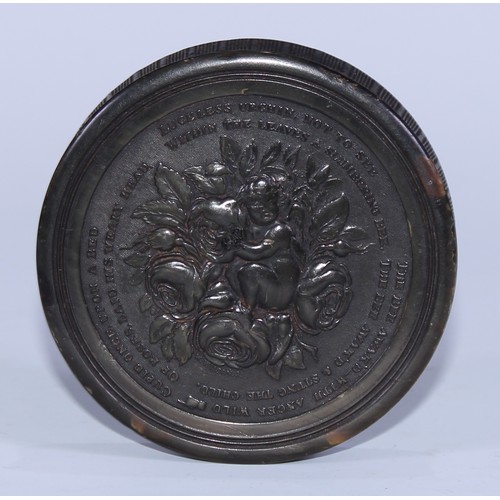 5062 - A 19th century pressed horn circular snuff box, by Wilson of Sheffield, the push-fitting cover in re... 