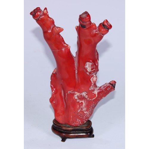 5123 - A Chinese red coral specimen, mounted for the scholar's table, 20cm high overall