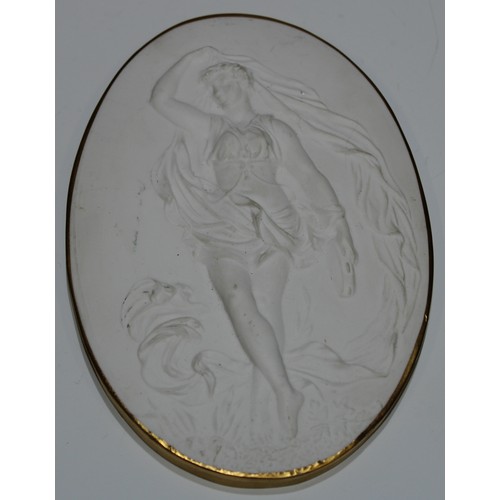 5163 - A Grand Tour type bisque porcelain oval plaque, in bas relief with Sappho and lyre, 11.5cm x 9cm; an... 