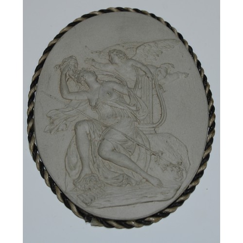 5163 - A Grand Tour type bisque porcelain oval plaque, in bas relief with Sappho and lyre, 11.5cm x 9cm; an... 