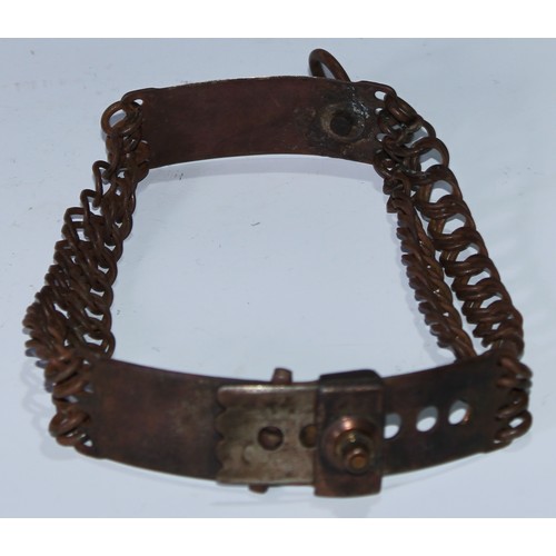 5067 - A 19th century steel dog collar, inscribed Tickell, 58 Upper Park Rd NW [London], 17cm diam