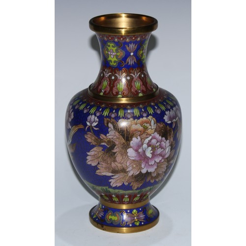 5105 - A Chinese cloisonne enamel ovoid vase, decorated in polychrome with birds and flowering branches, on... 