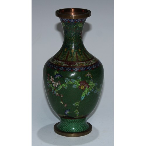 5105 - A Chinese cloisonne enamel ovoid vase, decorated in polychrome with birds and flowering branches, on... 