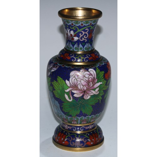 5105 - A Chinese cloisonne enamel ovoid vase, decorated in polychrome with birds and flowering branches, on... 