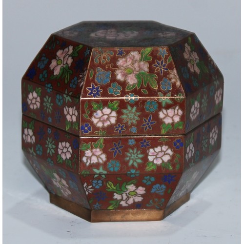 5106 - A Chinese cloisonne enamel square vase, decorated in polychrome with lotus, chrysanthemums, peonies ... 