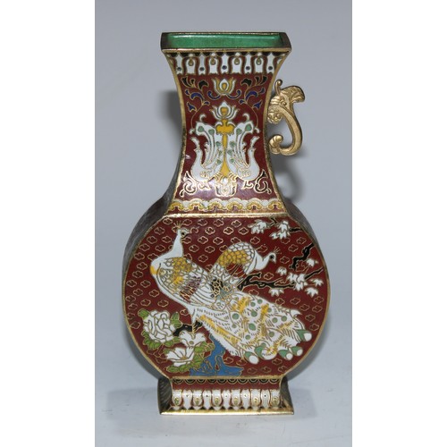 5106 - A Chinese cloisonne enamel square vase, decorated in polychrome with lotus, chrysanthemums, peonies ... 