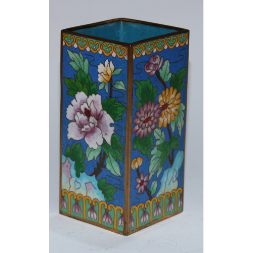 5106 - A Chinese cloisonne enamel square vase, decorated in polychrome with lotus, chrysanthemums, peonies ... 