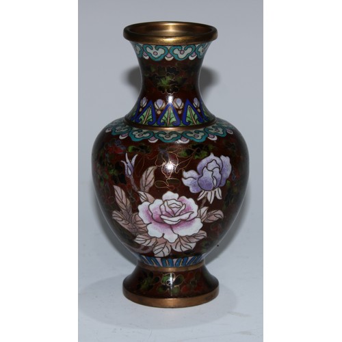 5106 - A Chinese cloisonne enamel square vase, decorated in polychrome with lotus, chrysanthemums, peonies ... 