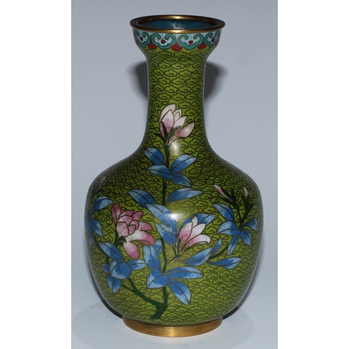 5107 - A Chinese cloisonne zun shaped vase, decorated in polychrome with a bird and blossoming prunus, on a... 