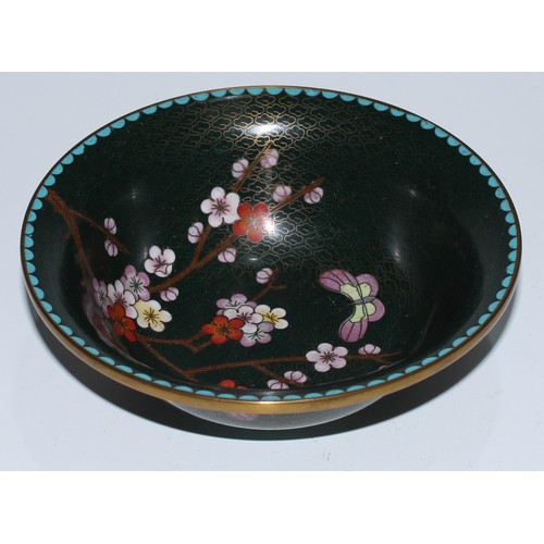 5104 - A Chinese cloisonne enamel bowl, decorated in polychrome with blossoming prunus, 20.5cm diam; anothe... 