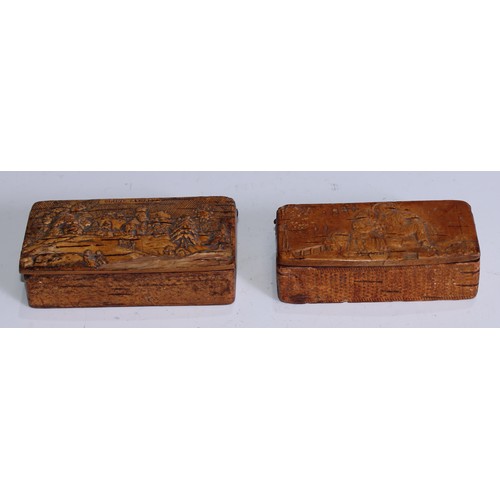 5061 - A 19th century pressed birch bark snuff box, hinged cover in relief with children, 10cm wide, c.1850... 