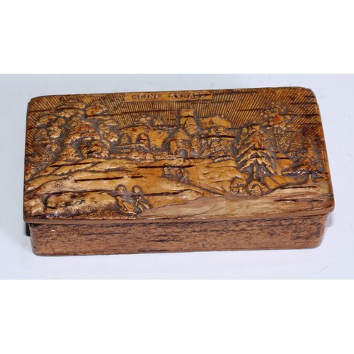 5061 - A 19th century pressed birch bark snuff box, hinged cover in relief with children, 10cm wide, c.1850... 