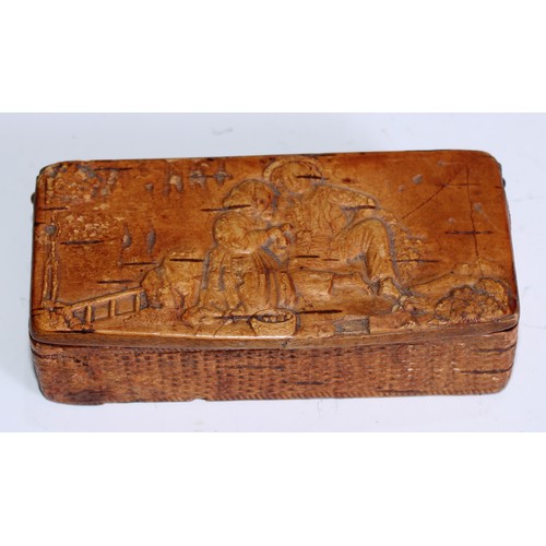 5061 - A 19th century pressed birch bark snuff box, hinged cover in relief with children, 10cm wide, c.1850... 