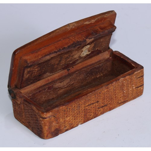 5061 - A 19th century pressed birch bark snuff box, hinged cover in relief with children, 10cm wide, c.1850... 