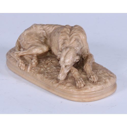 5161 - A Grand Tour lava or sulphur library model, carved as a greyhound, rounded base, 15.5cm wide, 19th c... 