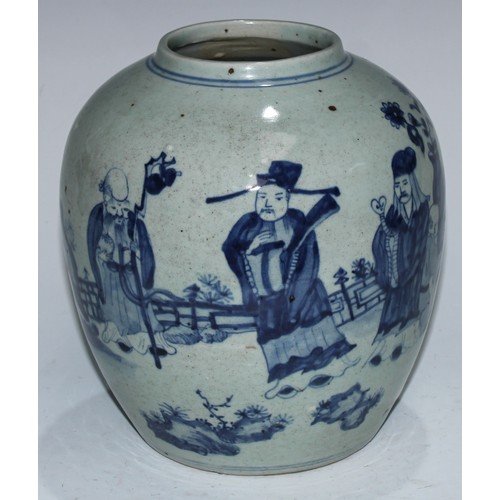 5116 - A Chinese ovoid jar, painted in tones of underglaze blue with Shou Lao and officials, 22cm high