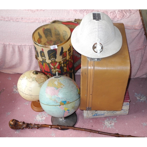 136 - A root wood walking cane;  a globe;  another;   a military waste paper bin;  etc