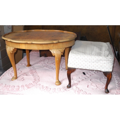 138 - A mid 20th century walnut occasional table, shell carved cabriole legs;  a stool, stuffed-over top; ... 