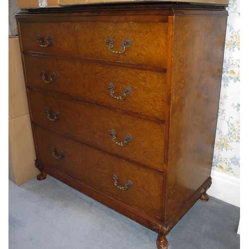 143 - A large burr walnut break centre wardrobe, dolphin carved cresting;  a conforming chest of four long... 