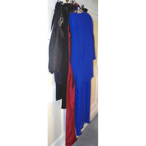 144 - A Simon Ellis blue blue polyester and sequin evening dress, size 16;  an Artigiano red evening jacke... 