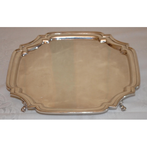 180 - A silver George III style shaped square tray, shaped rim, scroll feet, 27cm wide, Martin, Hall & Co,... 