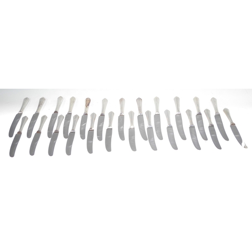 187 - A set of twelve Belmont pattern dinner knives, silver hafts, Sheffield 1973;  a set of twelve desser... 