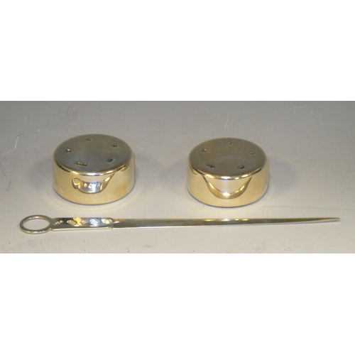 298 - A silver three piece desk set comprising two circular paper weights, quite plain, 5.5cm diameter; a ... 