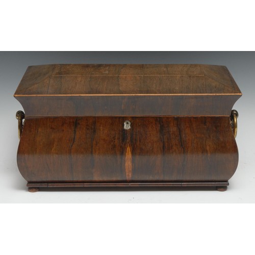 161 - A George IV rosewood sarcophagus tea caddy, brass ring loop handle, the interior later fitter with t... 